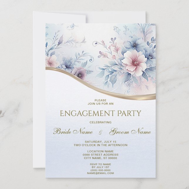 Invitation de mariage florale bleu rose aquarelle (Devant)