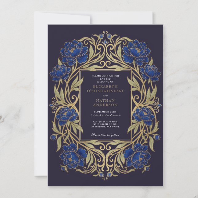 Invitation de mariage florale bleu royal Art nouve (Devant)