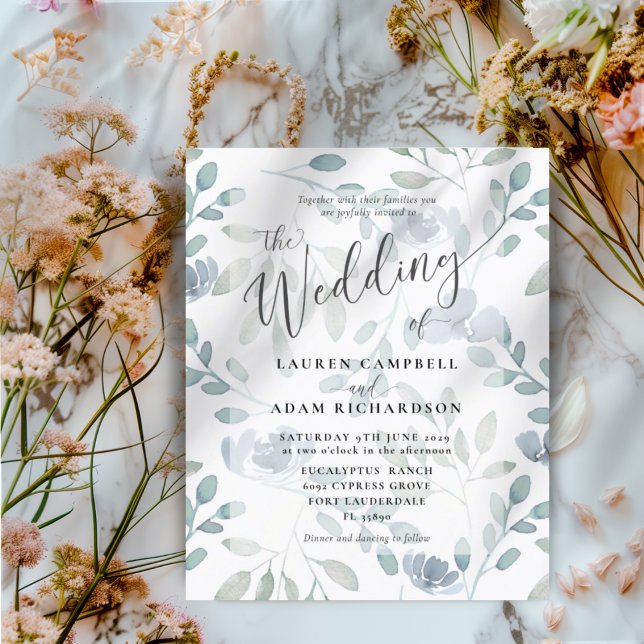Invitation de mariage florale bleue à l'eucalyptus (Créateur téléchargé)