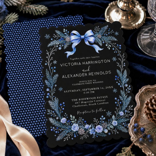 Invitation de mariage florale bleue avec ruban (Créateur téléchargé)