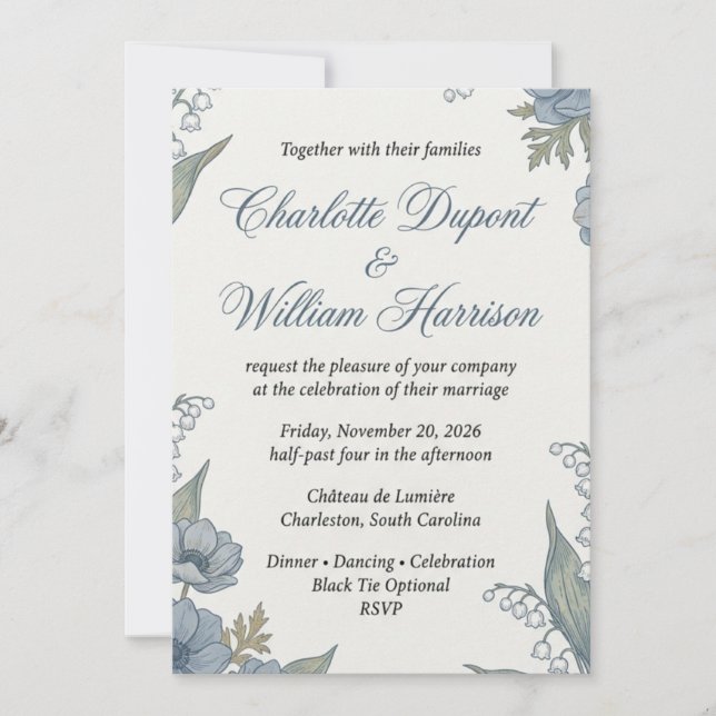 Invitation de mariage florale bleue botanique vint (Devant)