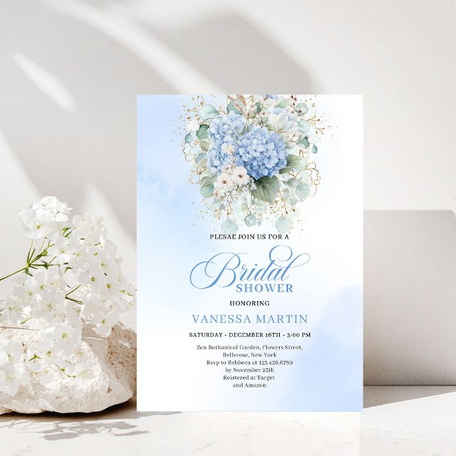 Invitation de mariage florale bleue classique en o (Classic Blue Floral Bridal Shower Gold Invitation)