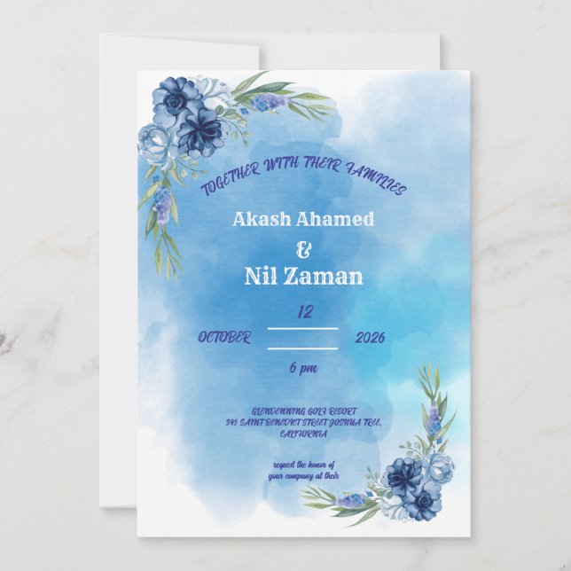 Invitation de mariage florale bleue élégante (Devant)