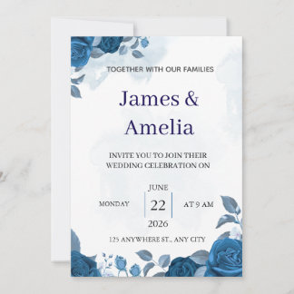 Invitation de mariage florale bleue élégante