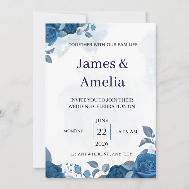 Invitation de mariage florale bleue élégante (Devant)