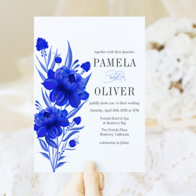 Invitation de mariage florale bleue élégante (Créateur téléchargé)