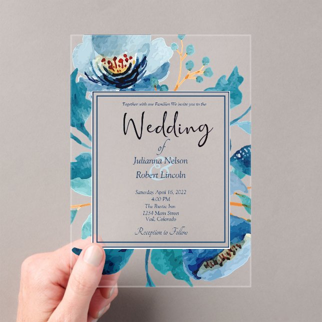 Invitation de mariage florale bleue élégante (In situ (ordinateur de poche))