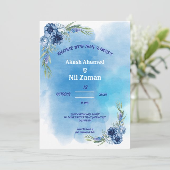 Invitation de mariage florale bleue élégante (Debout devant)