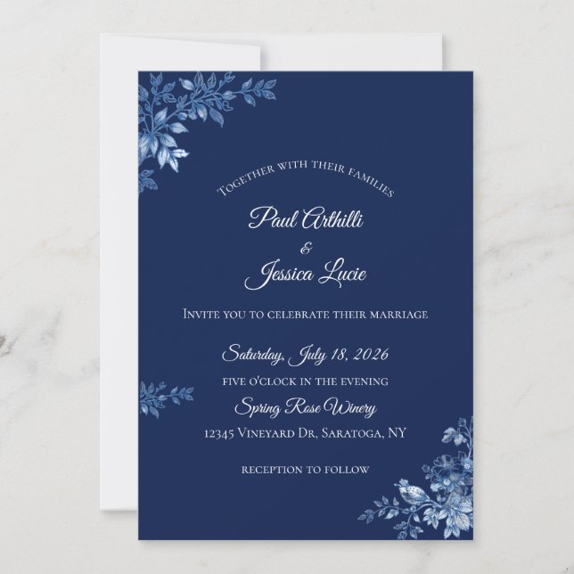 Invitation de mariage florale bleue et blanche (Devant)