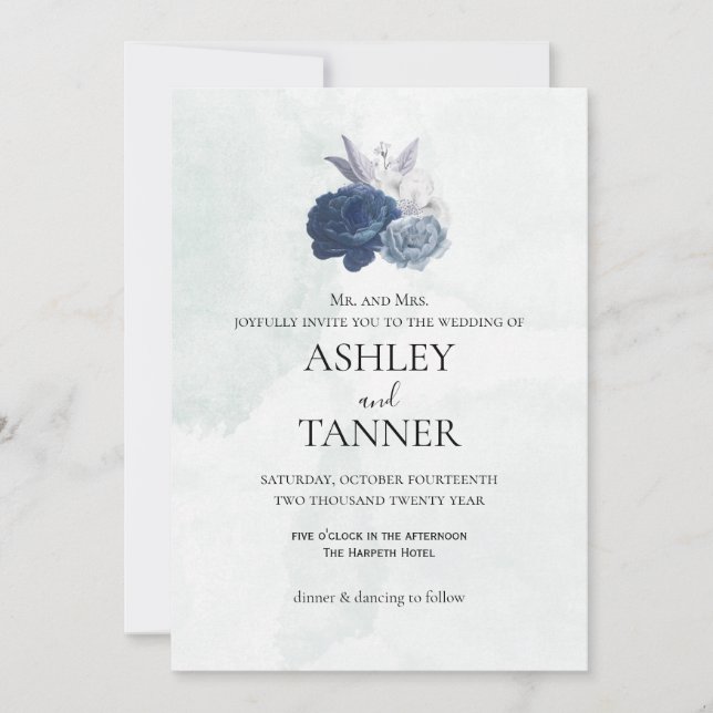 Invitation de mariage florale bleue et grise éléga (Devant)