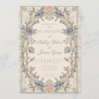 Invitation de mariage florale bleue et or