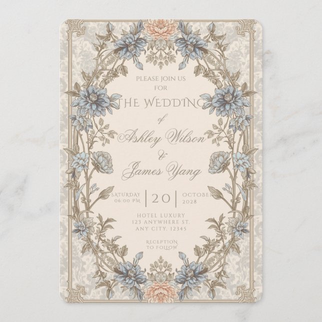 Invitation de mariage florale bleue et or (Devant)