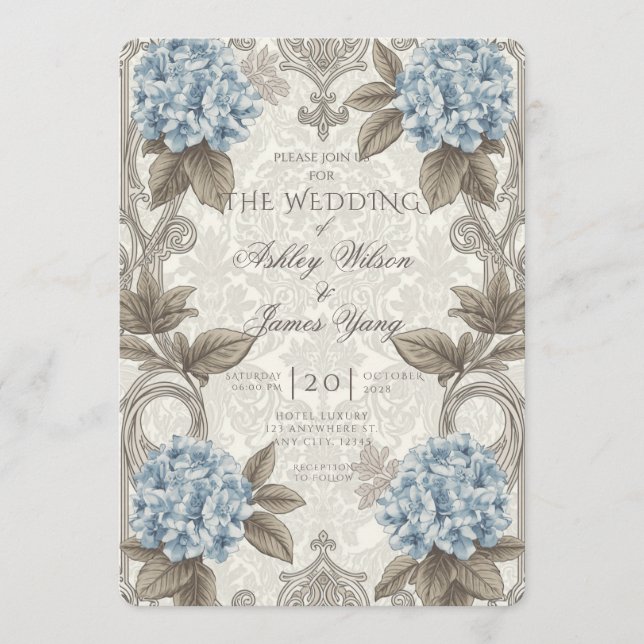 Invitation de mariage florale bleue et or (Devant)