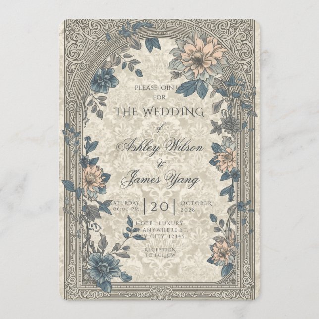 Invitation de mariage florale bleue et or (Devant)