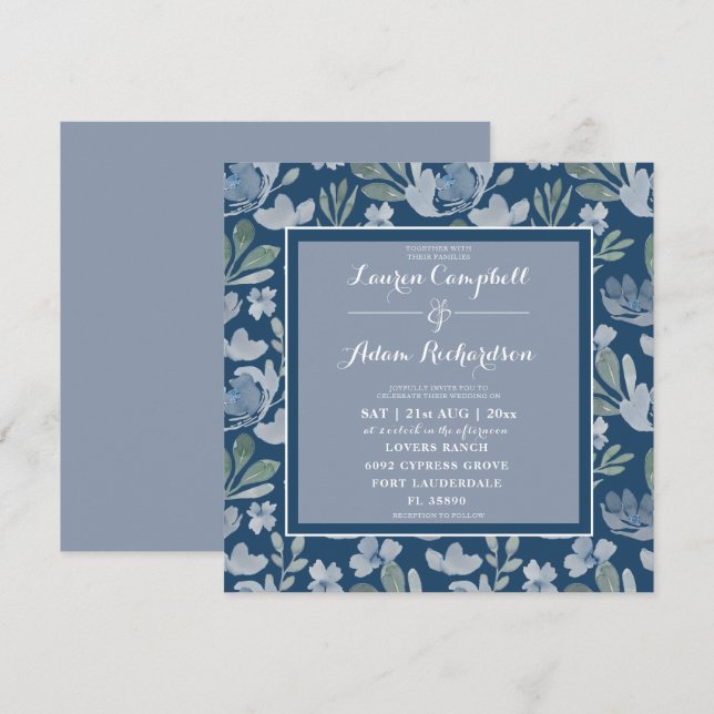 Invitation de mariage florale bleue et sarcelle ru (Devant / Derrière)
