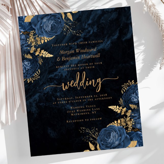 Invitation de mariage florale bleue marine et or à (Créateur téléchargé)