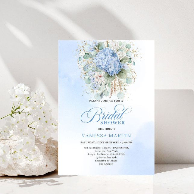 Invitation de mariage florale bleue moderne avec d (Modern Blue Floral Bridal Shower Gold Invitation)