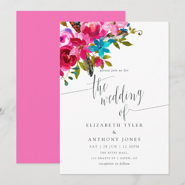 Invitation de mariage florale bohème aquarelle ros (Devant / Derrière)
