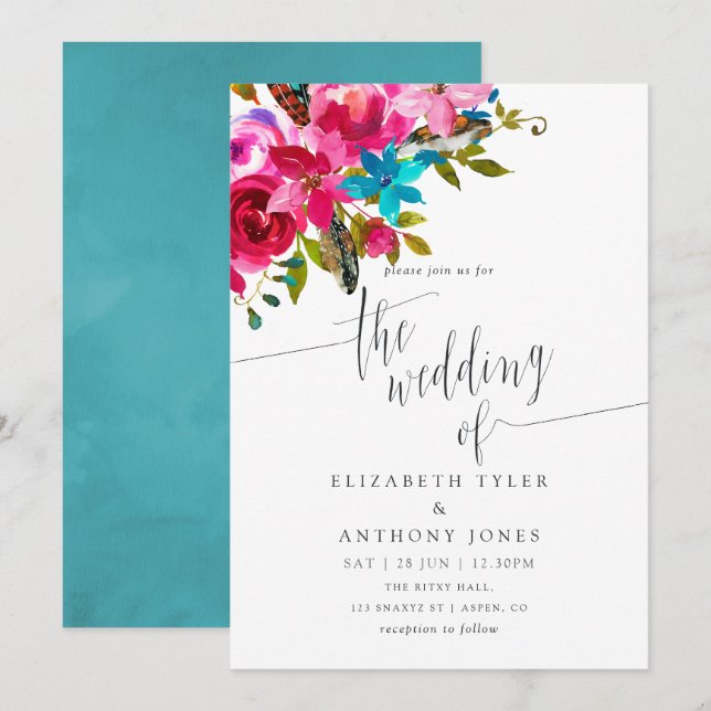 Invitation de mariage florale bohème aquarelle ros (Devant / Derrière)