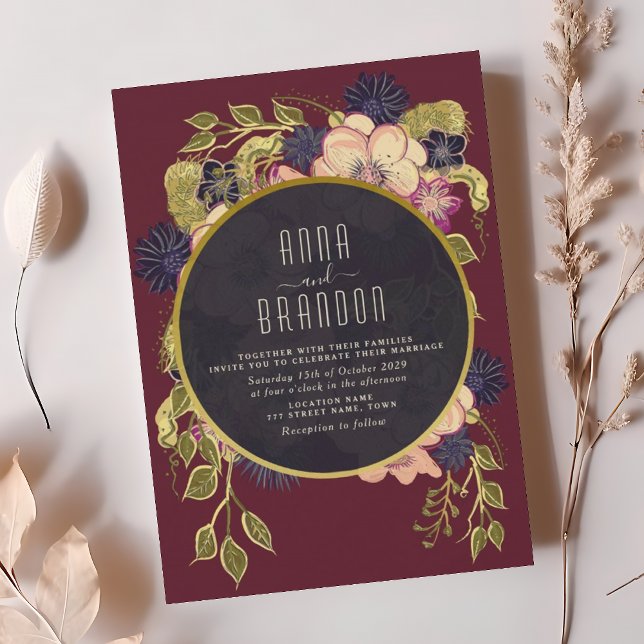 Invitation de mariage florale Bohème Bourgogne Nav (Créateur téléchargé)
