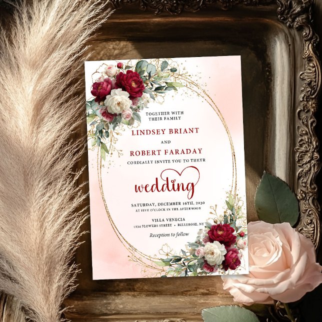 Invitation de mariage florale boho luxe en Bourgog (Luxury Burgundy Boho Floral Wedding Gold Invitation)