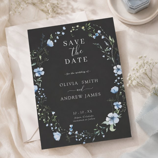 Invitation de mariage florale boho noire | Bleu so (Créateur téléchargé)