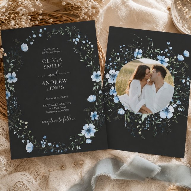 Invitation de mariage florale boho noire | Bleu so (Créateur téléchargé)