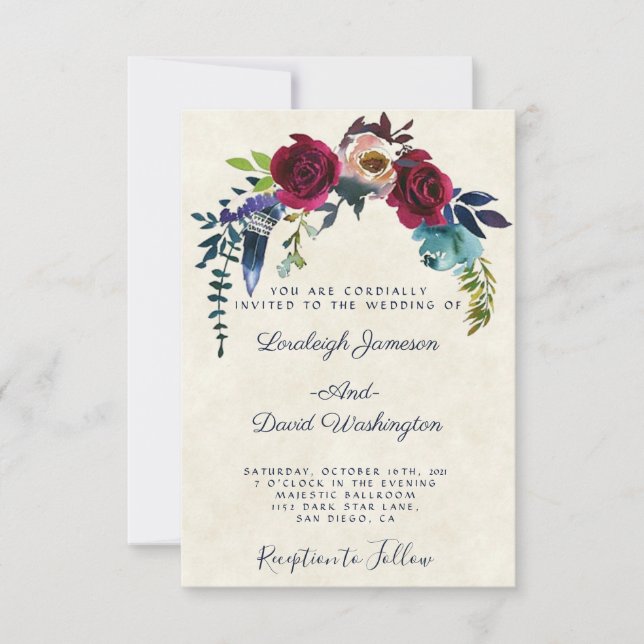 Invitation de mariage florale boho rouge (Devant)