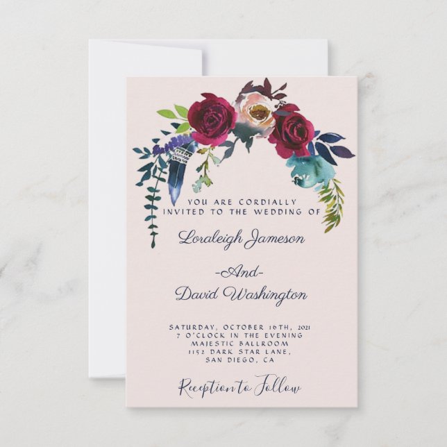 Invitation de mariage florale boho rouge (Devant)