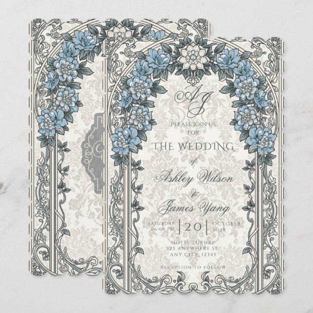 Invitation de mariage florale botanique bleu gris (Devant / Derrière)