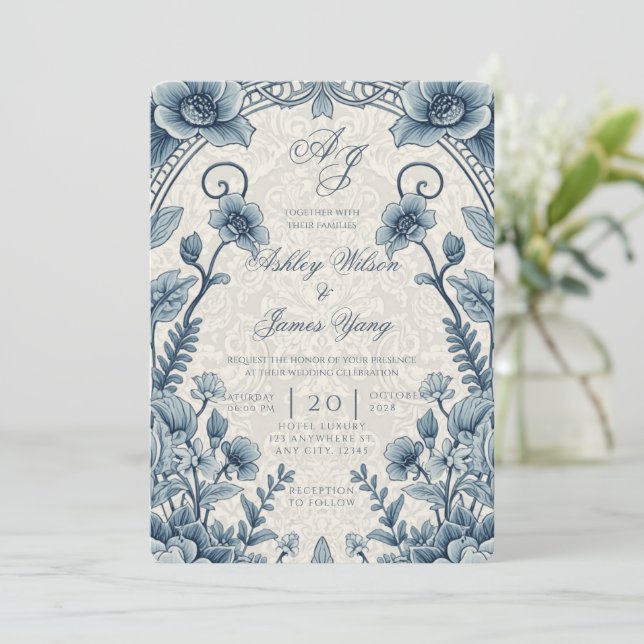Invitation de mariage florale botanique luxueuse b (Debout devant)