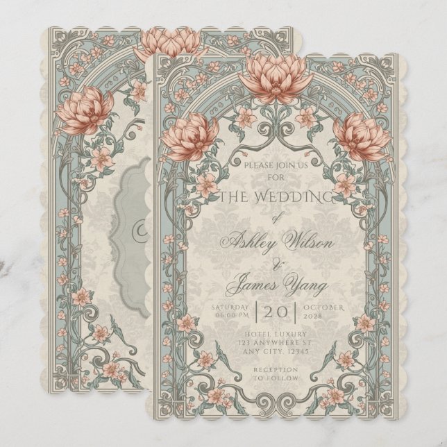 Invitation de mariage florale botanique rose argen (Devant / Derrière)