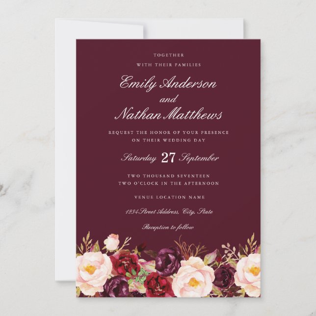 Invitation de mariage florale Burgundy Marsala (Devant)