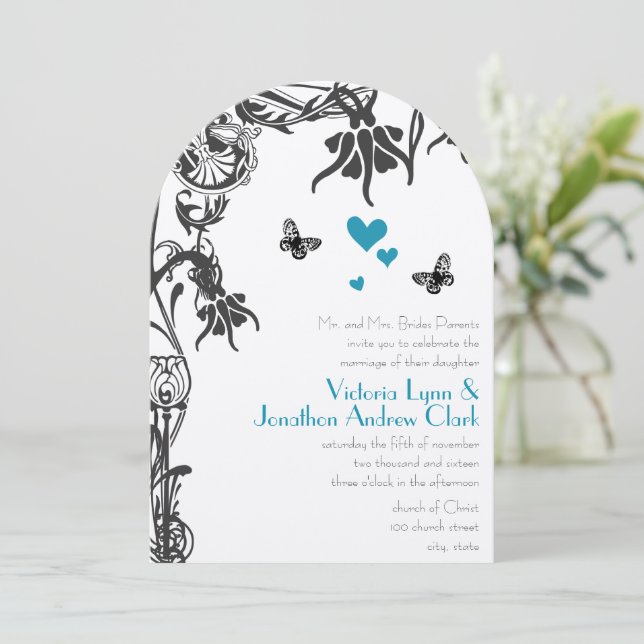 Invitation de mariage florale chrétienne Art Déco (Debout devant)
