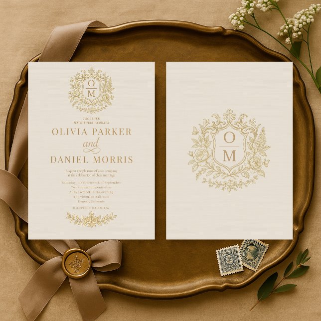Invitation de mariage florale dorée beige taupe vi (Créateur téléchargé)
