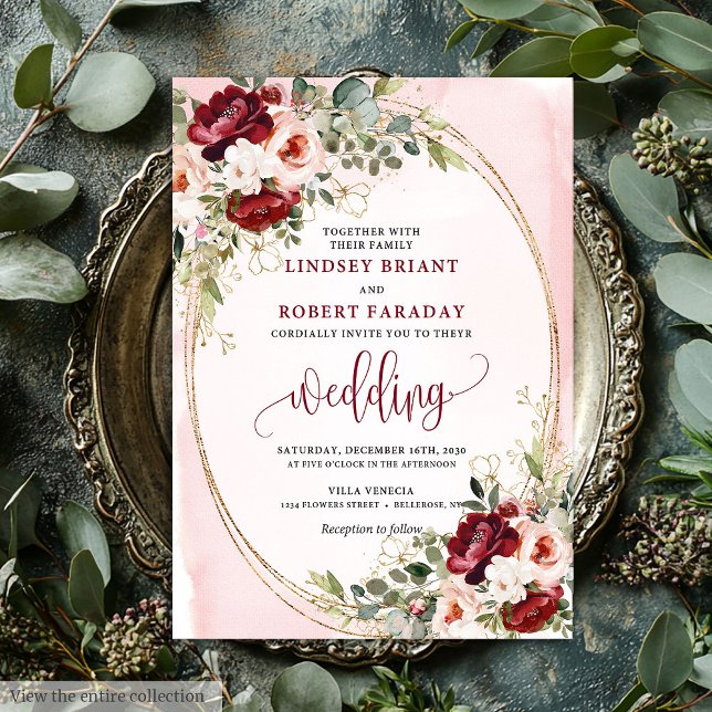 Invitation de mariage florale dorée Merlot Boho Cl (Classic Boho Merlot Gold Floral Wedding Invite)