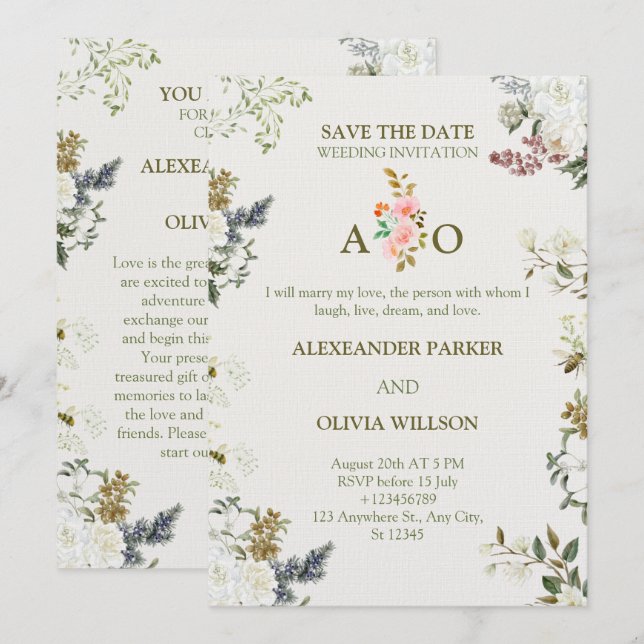 Invitation de mariage florale élégante – Carte mod (Devant / Derrière)