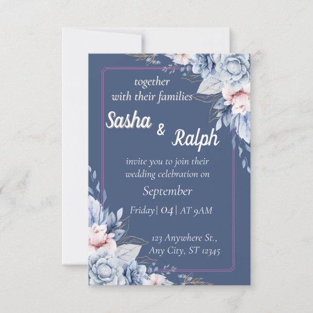 Invitation de mariage florale élégante en bleu et  (Devant)