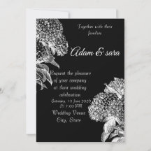 Invitation de mariage florale élégante noir et bla