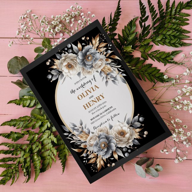 Invitation de mariage florale élégante noir et or (Elegant Black Gold Floral Wedding Invitation)