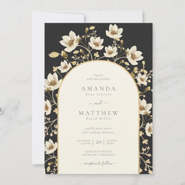 Invitation de mariage florale élégante noire et or (Devant)