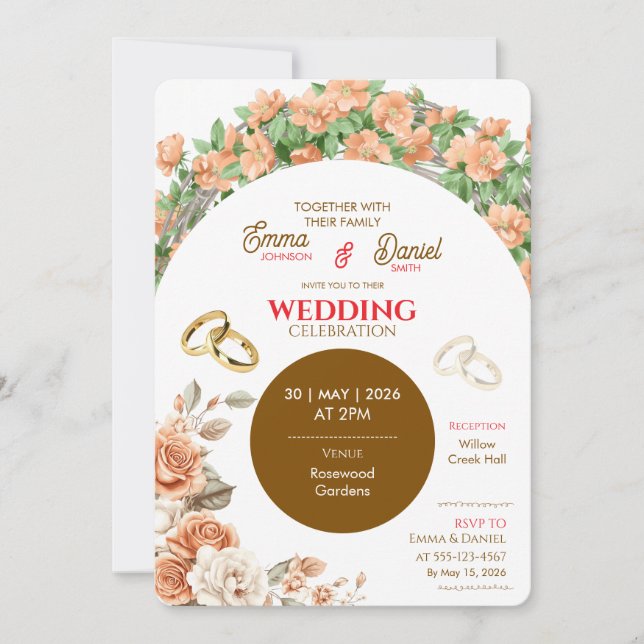 Invitation de mariage florale élégante – Pêche et  (Devant)