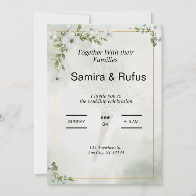 invitation de mariage florale élégante verte et bl (Devant)