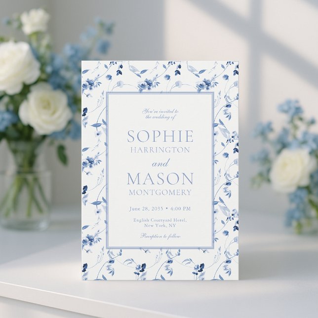 Invitation de mariage florale en beaux-arts bleu p (Créateur téléchargé)