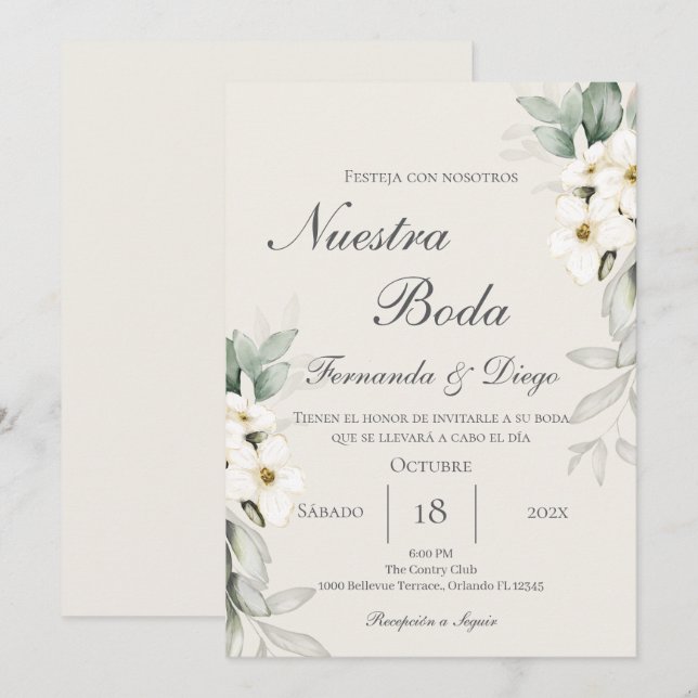 Invitation de mariage florale en espagnol (Devant / Derrière)