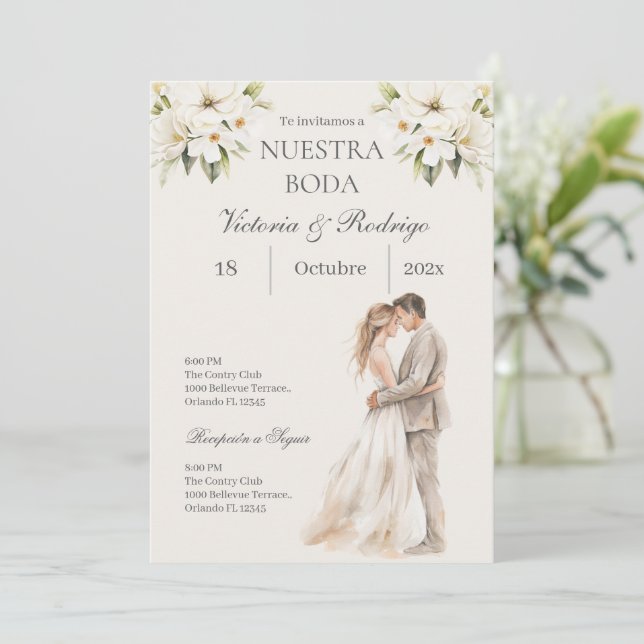Invitation de mariage florale en espagnol (Debout devant)