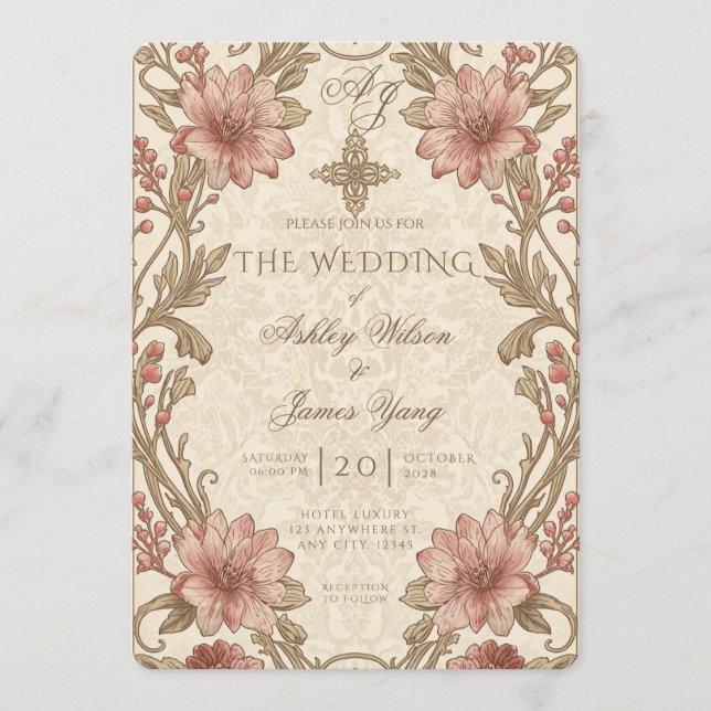 Invitation de mariage florale en or rose botanique (Devant)