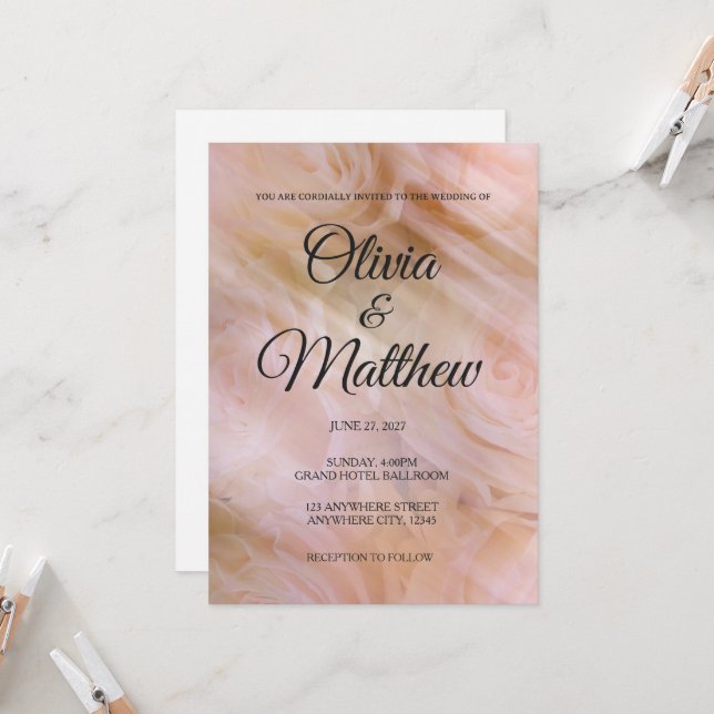 Invitation de mariage florale en tulle rose pâle m (Devant/Arrière en situation)