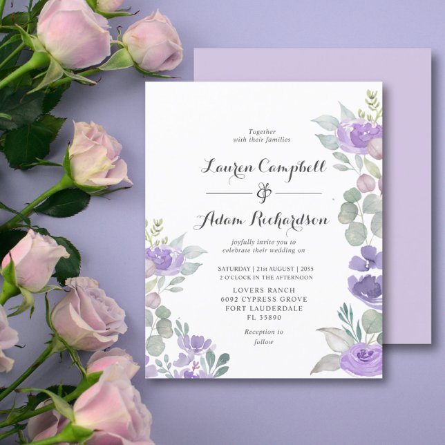 Invitation de mariage florale et feuillue violet b (Créateur téléchargé)