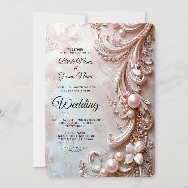 Invitation de mariage florale et perle ornée rose (Devant)